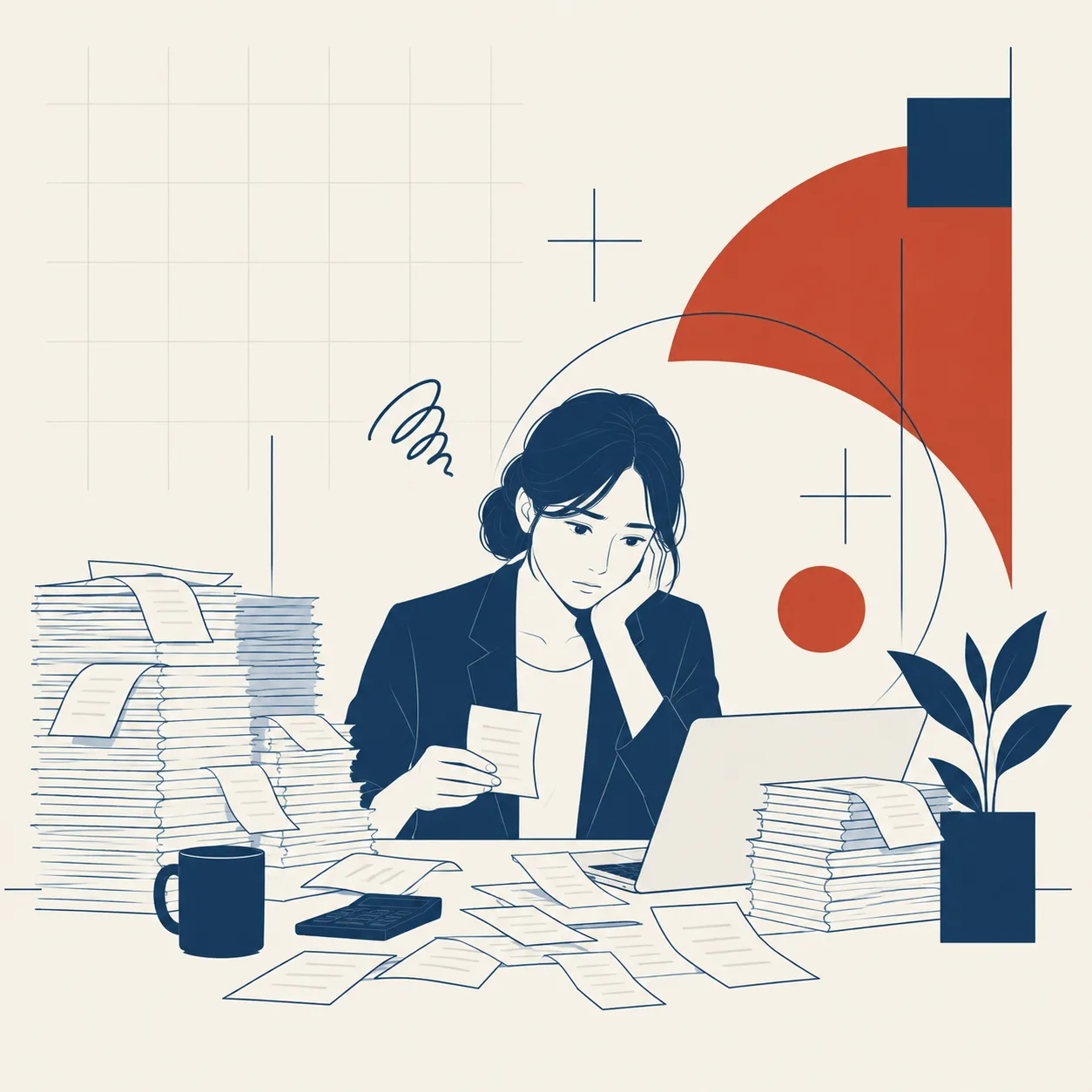 FAXの注文を手で打ち直す事務員のイラスト