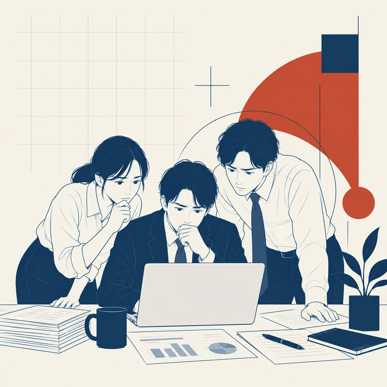 一人しか触れないExcelを覗き込む同僚たちのイラスト
